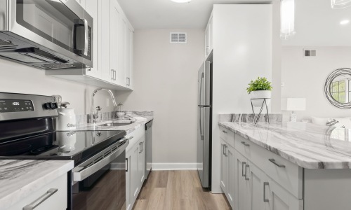 kitchen with ample counter-space, modern appliances and bright lighting