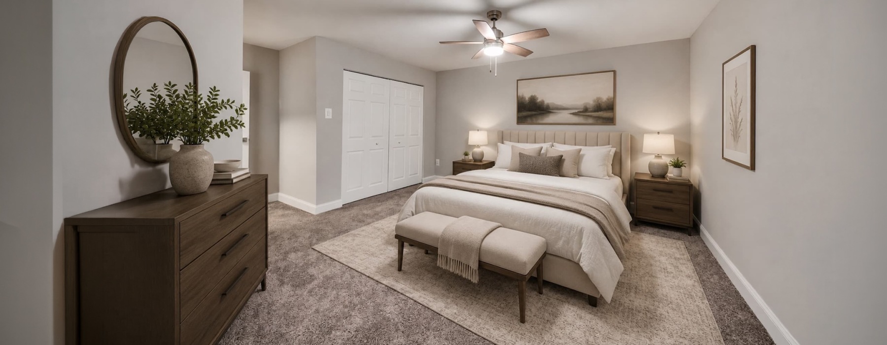 bedroom with natural lighting and warm lighting